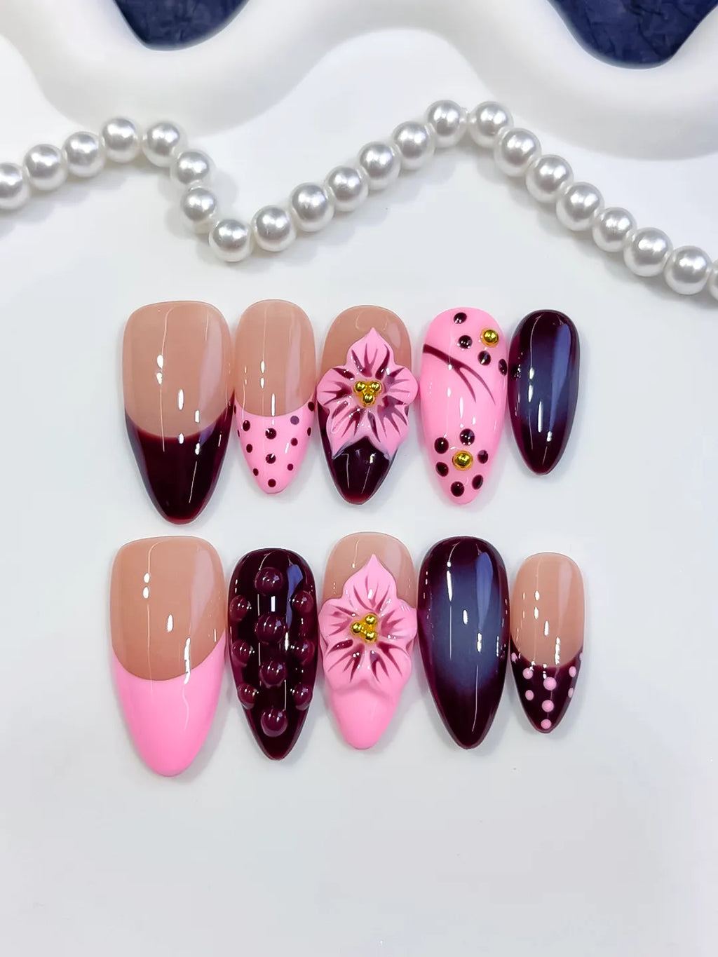 Nude Pink Red Abstract Flower Dot Pattern Cat Eye press on nails detail view