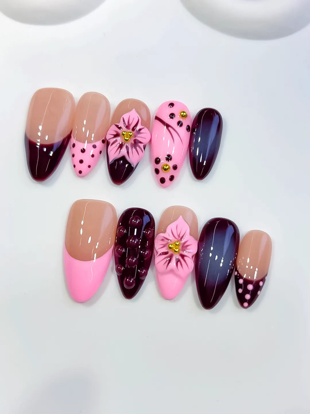 Nude Pink Red Abstract Flower Dot Pattern Cat Eye press on nails detail view