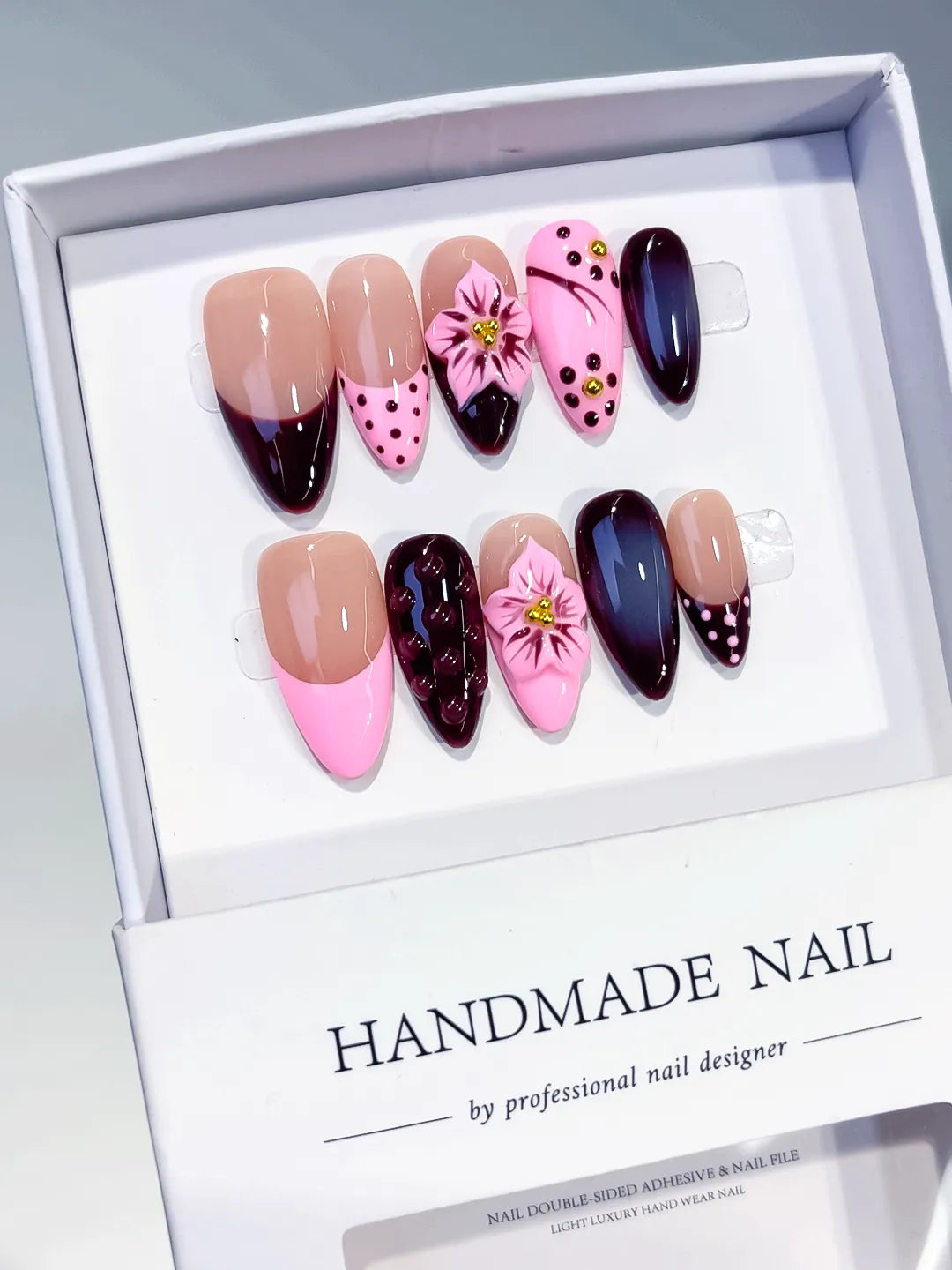 Nude Pink Red Abstract Flower Dot Pattern Cat Eye press on nails angled view