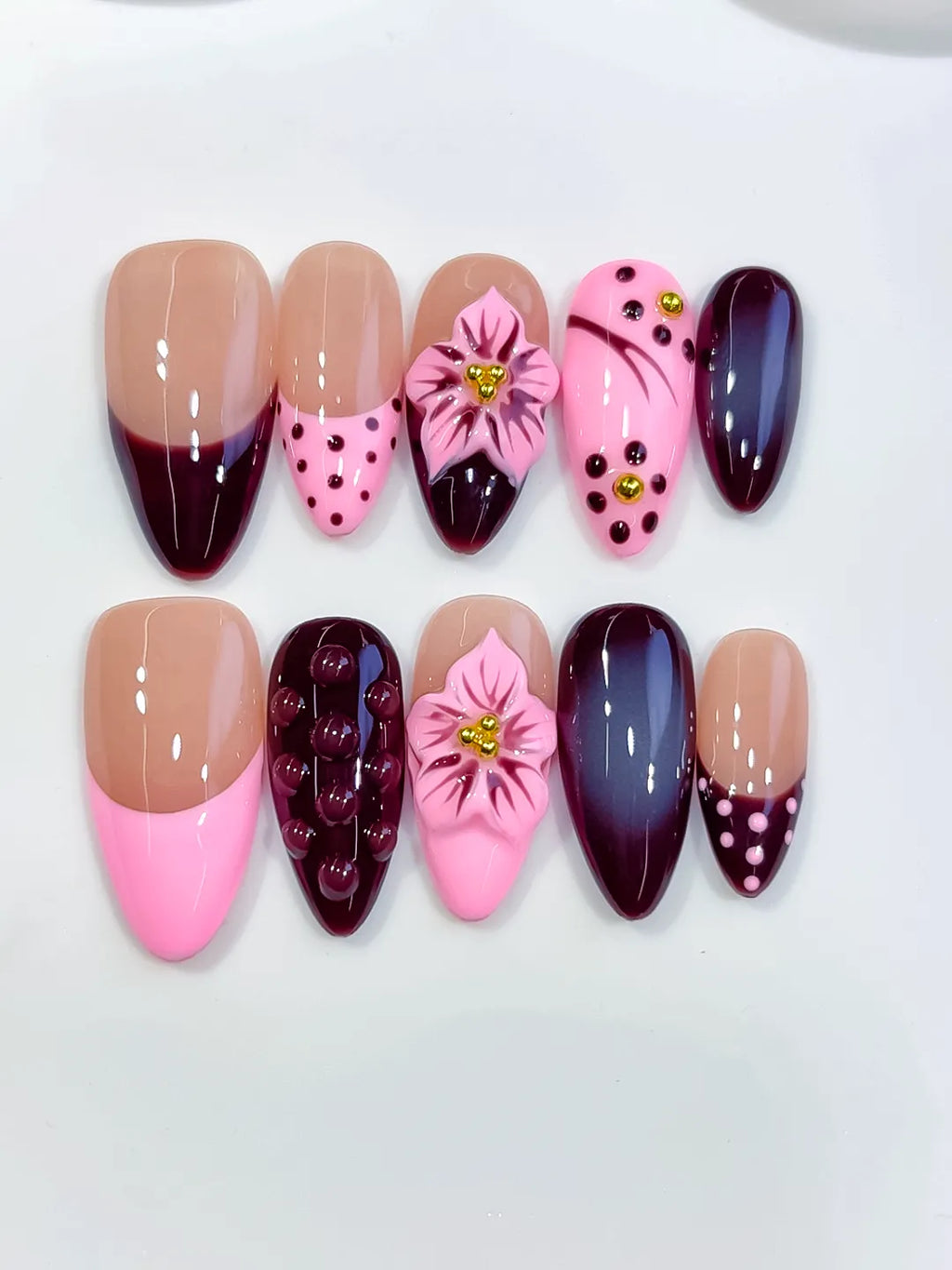 Nude Pink Red Abstract Flower Dot Pattern Cat Eye press on nails detail view