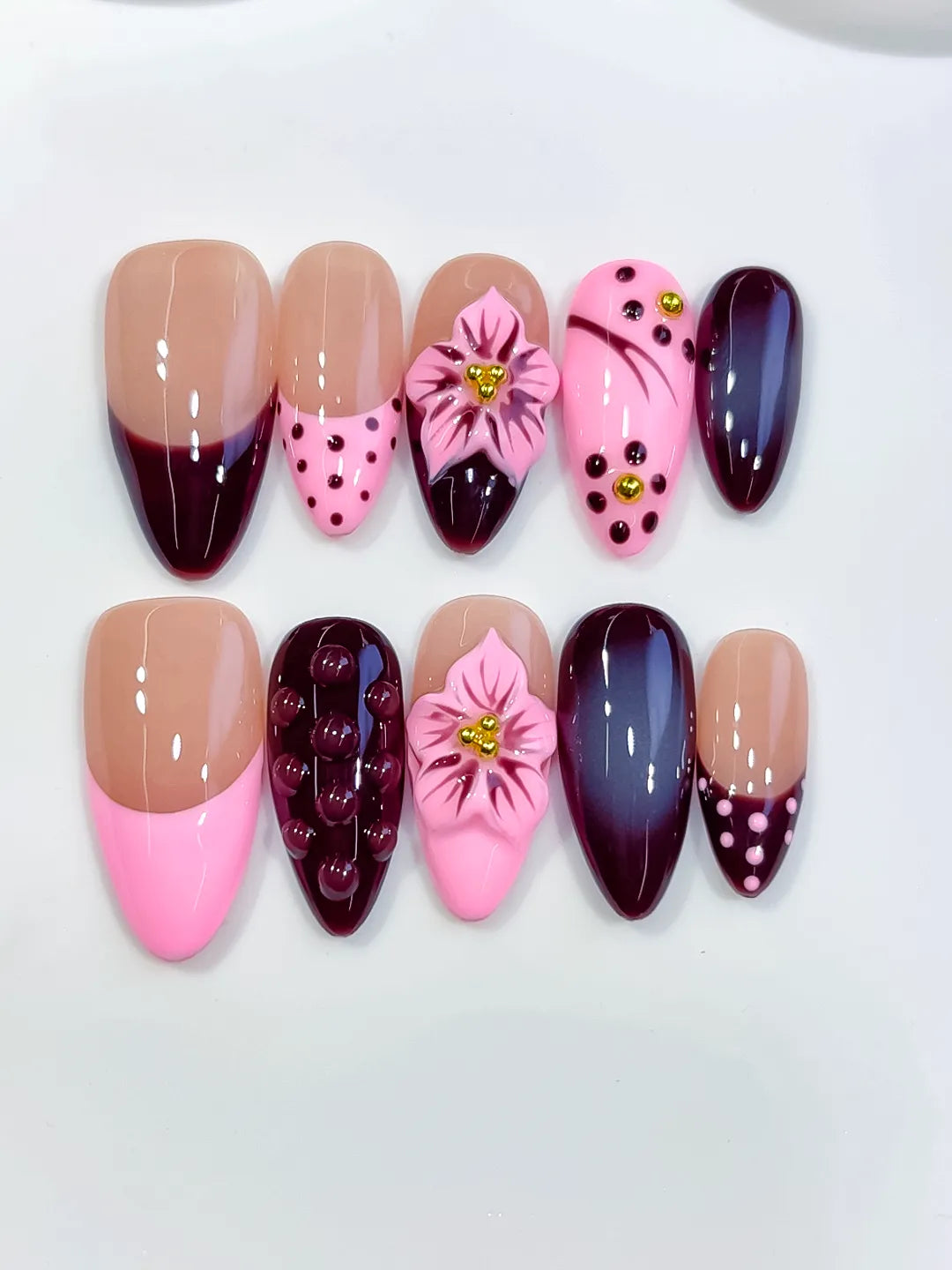 Nude Pink Red Abstract Flower Dot Pattern Cat Eye press on nails detail view