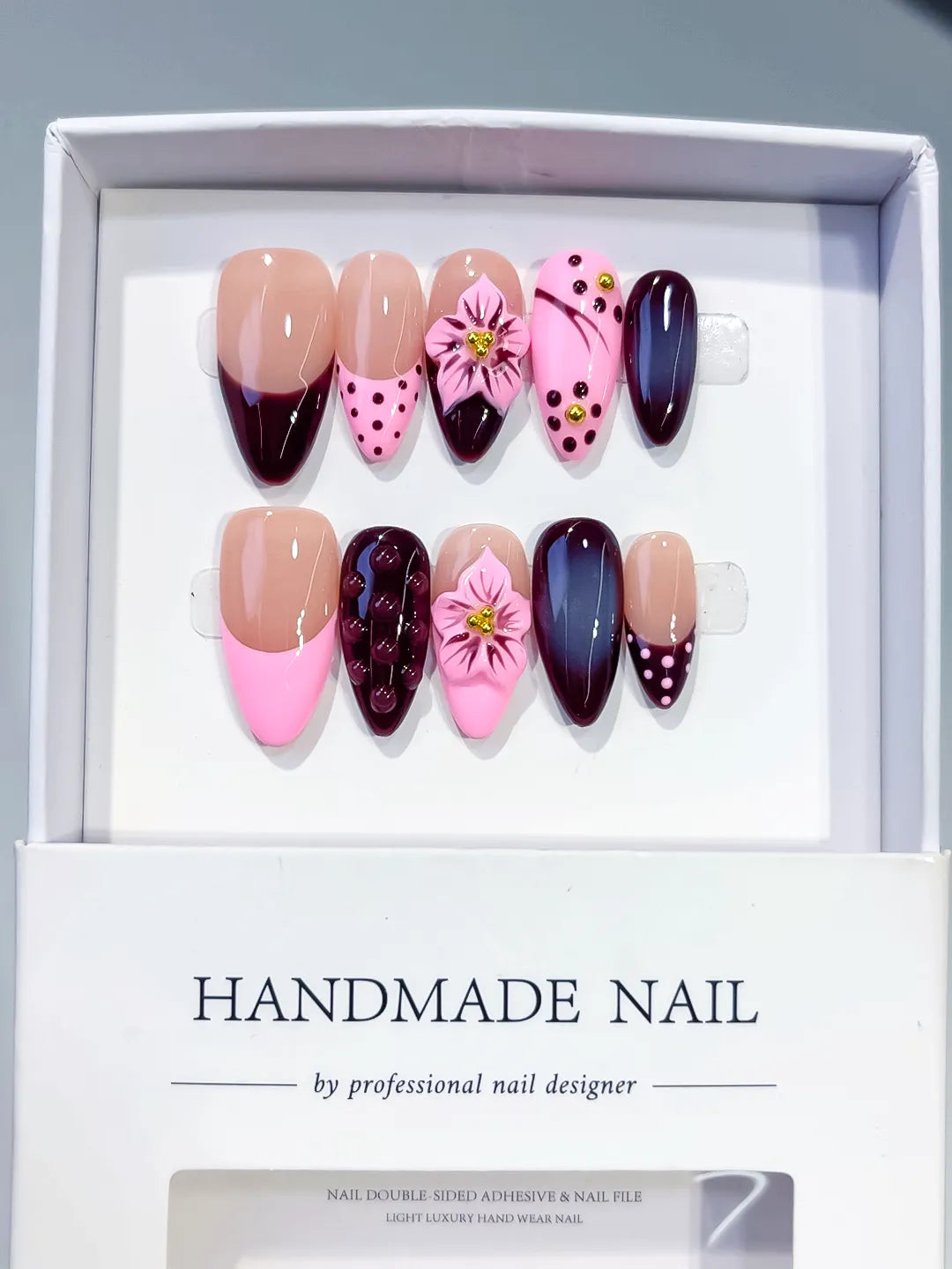 Nude Pink Red Abstract Flower Dot Pattern Cat Eye press on nails full set view