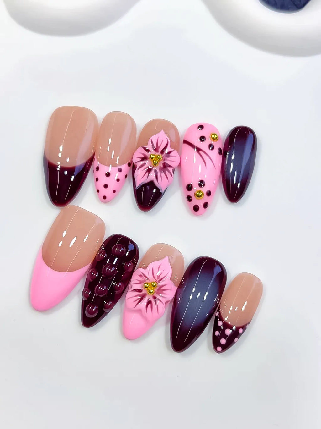 Nude Pink Red Abstract Flower Dot Pattern Cat Eye press on nails close up