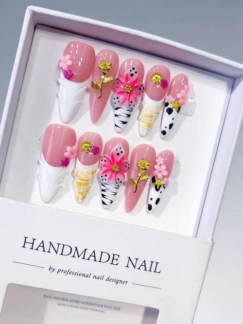 Pink White Black Gold Abstract Flower Shell Animal Print Metallic Charm press on nails