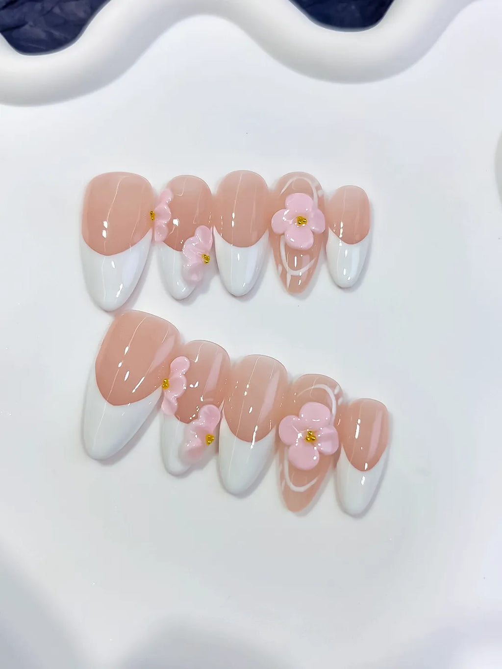 Nude White Pink French tip Flower press on nails detail view