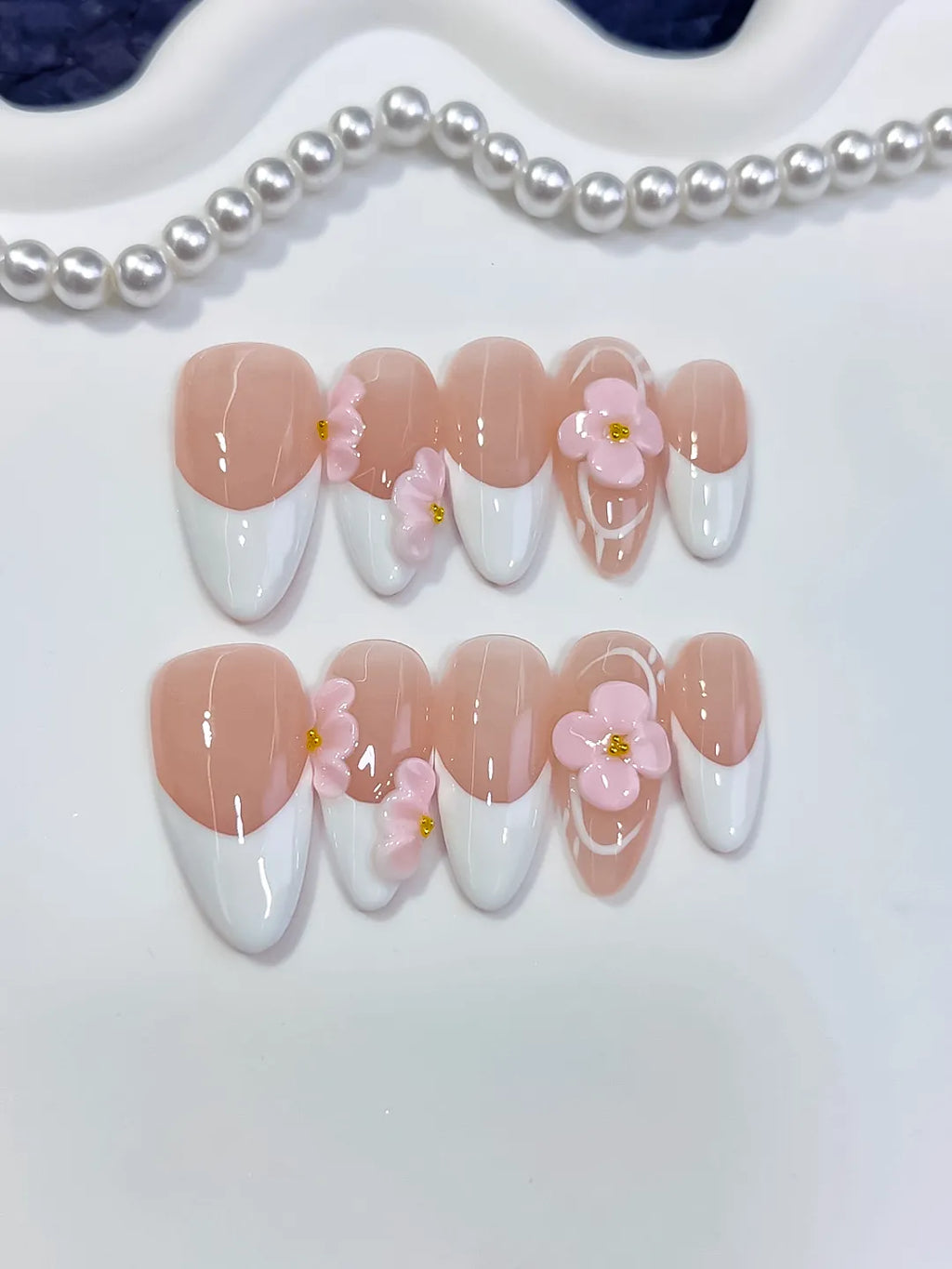 Nude White Pink French tip Flower press on nails detail view