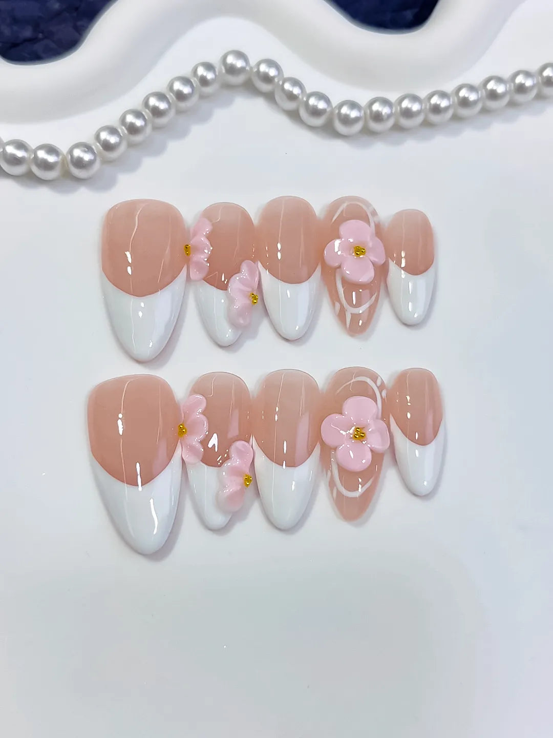 Nude White Pink French tip Flower press on nails detail view