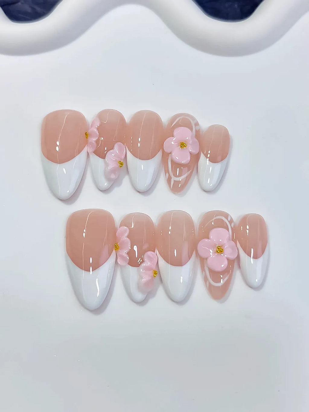 Nude White Pink French tip Flower press on nails detail view