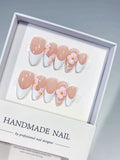 Nude White Pink French tip Flower press on nails