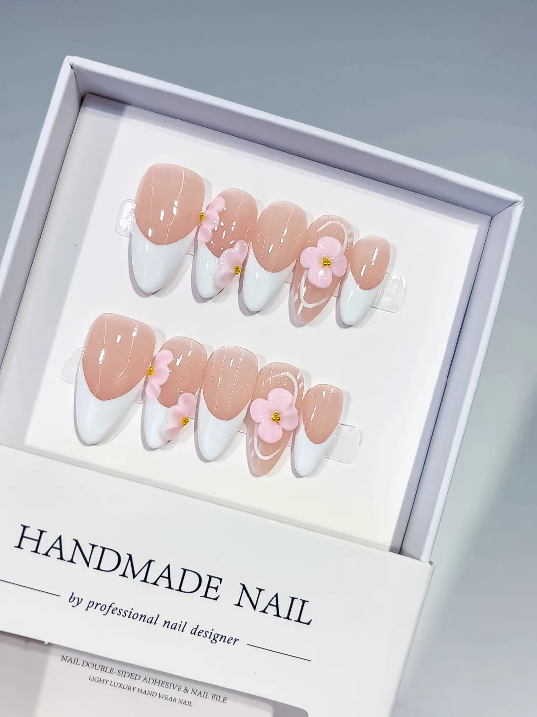 Nude White Pink French tip Flower press on nails