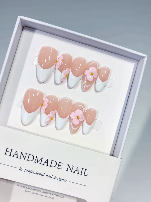 Nude White Pink French tip Flower press on nails