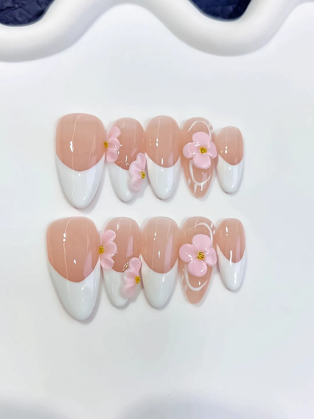 Nude White Pink French tip Flower press on nails close up