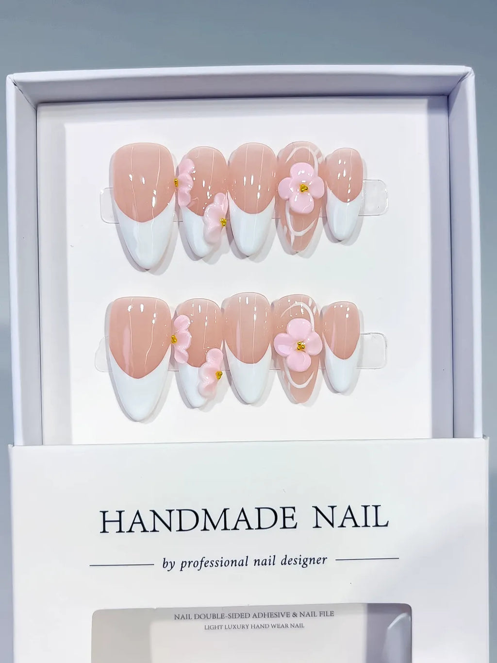 Nude White Pink French tip Flower press on nails full set view
