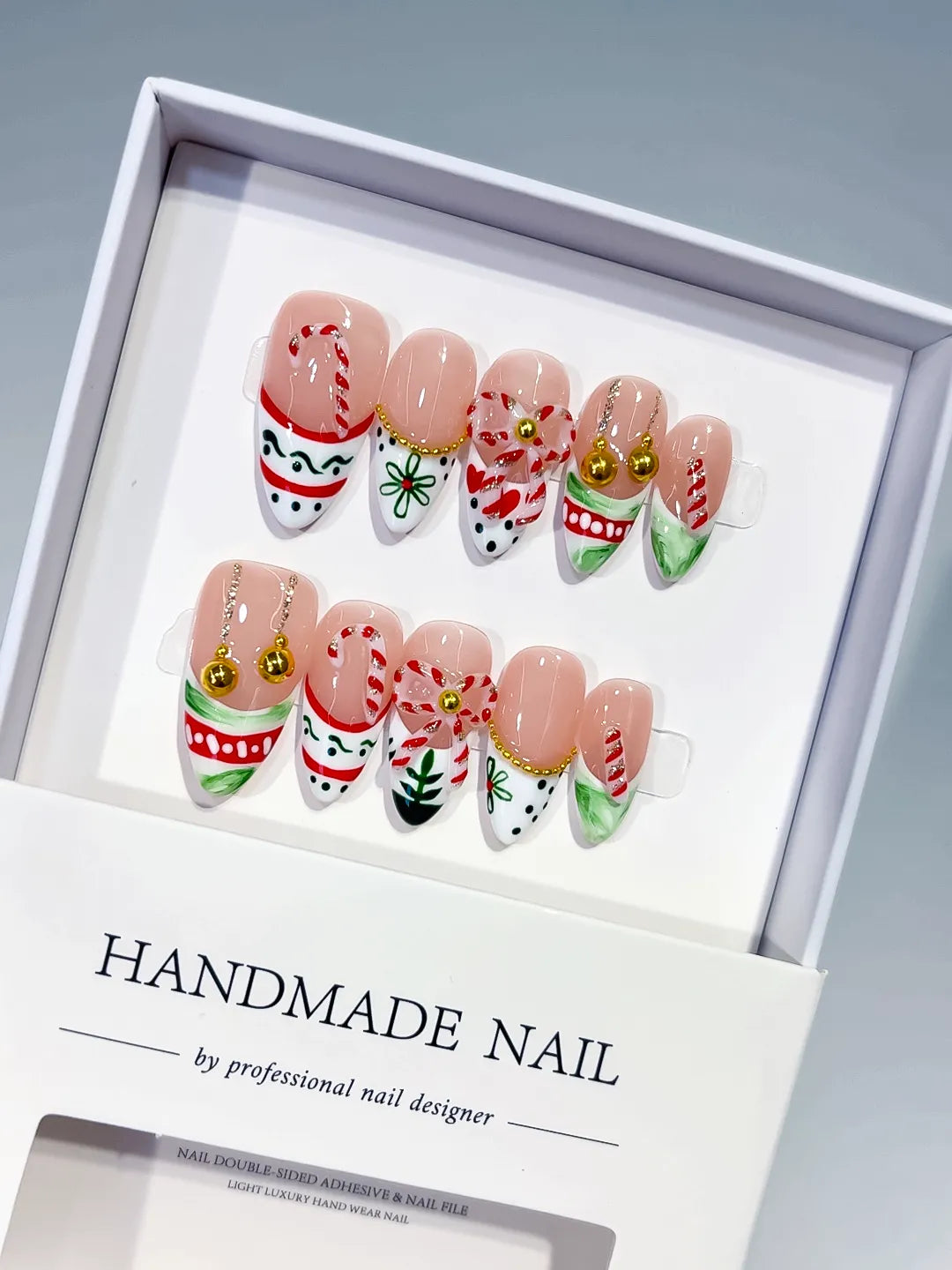 White Red Green Gold Abstract Bow Holiday press on nails