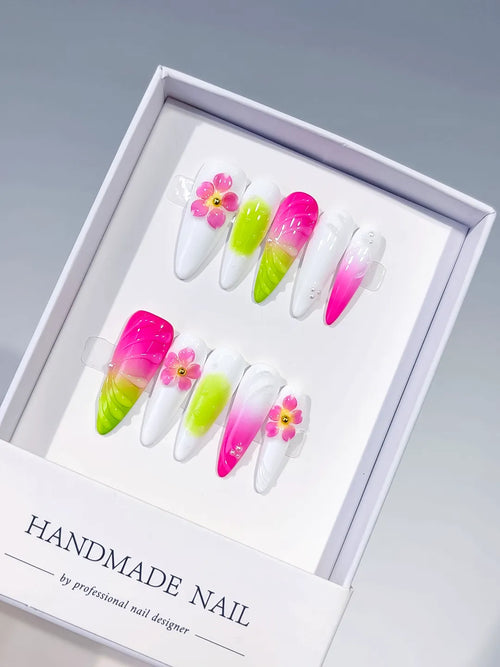 White Pink Green Ombre Flower Shell press on nails