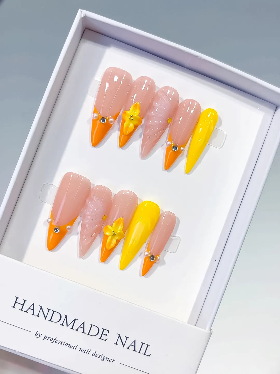 Nude Orange Yellow French tip Flower Shell Rhinestone press on nails
