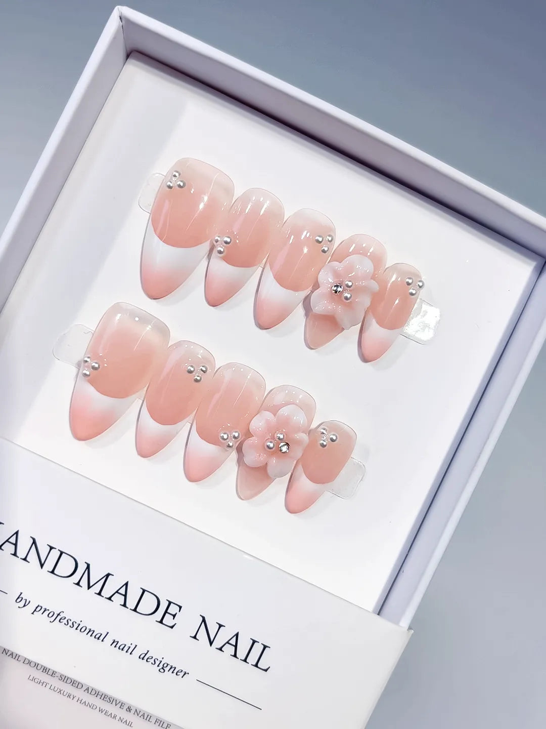 Pink White Silver French tip Flower Rhinestone press on nails