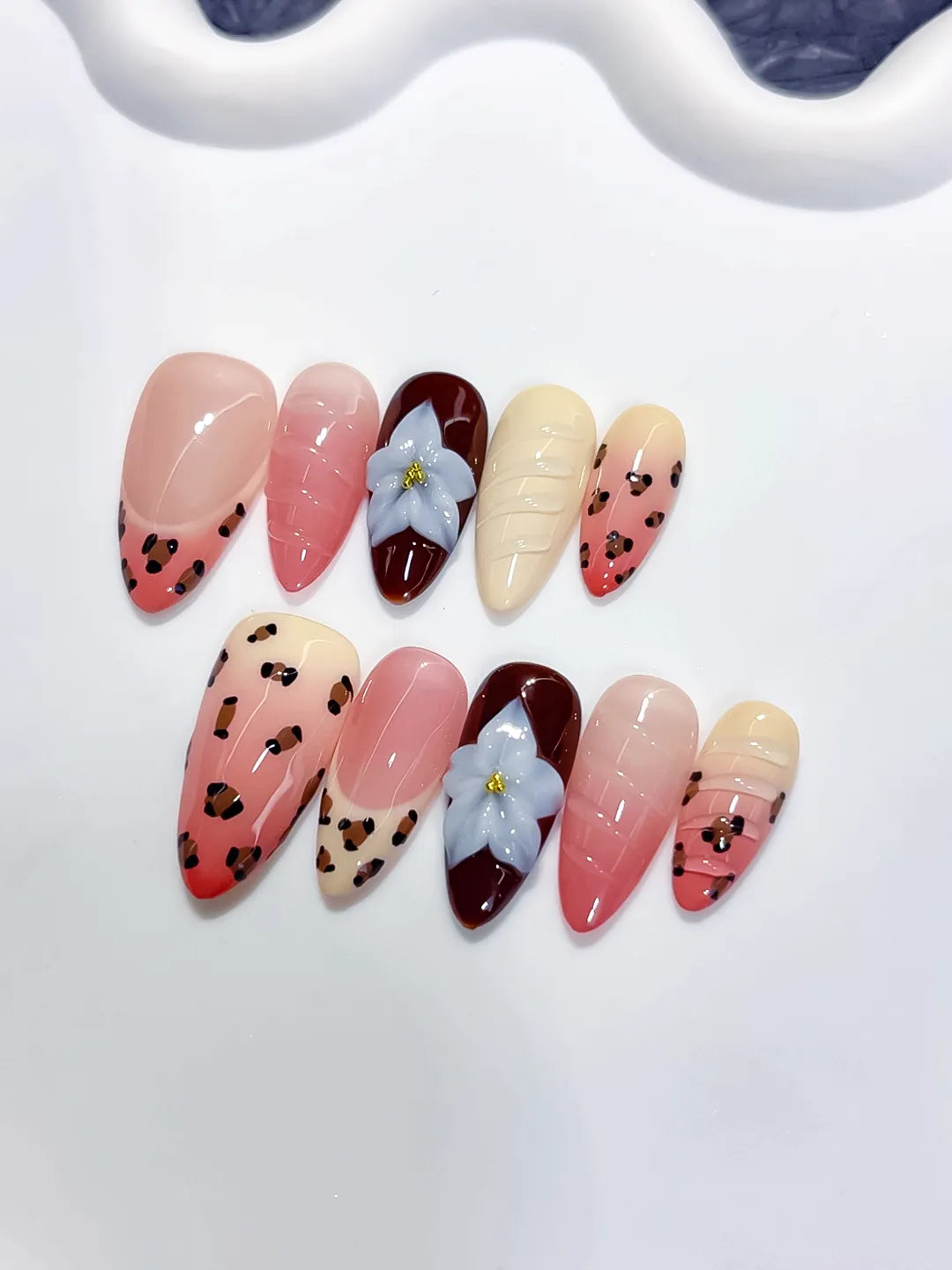 Pink Red Nude Brown Blue Abstract Flower Animal Print Shell press on nails full set view