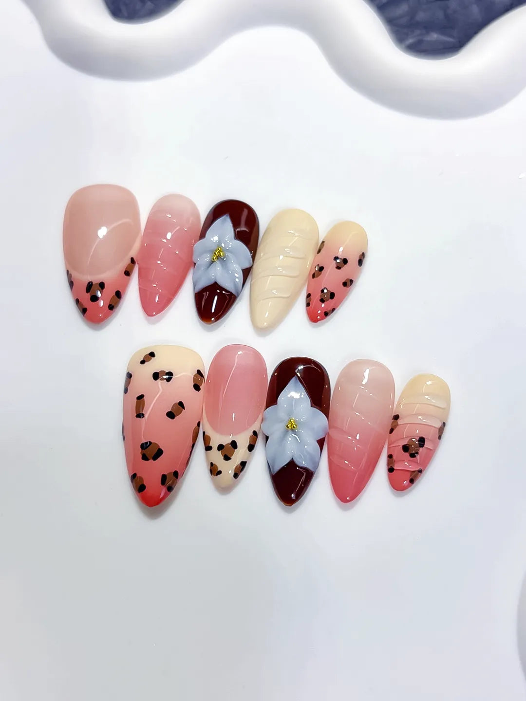 Pink Red Nude Brown Blue Abstract Flower Animal Print Shell press on nails