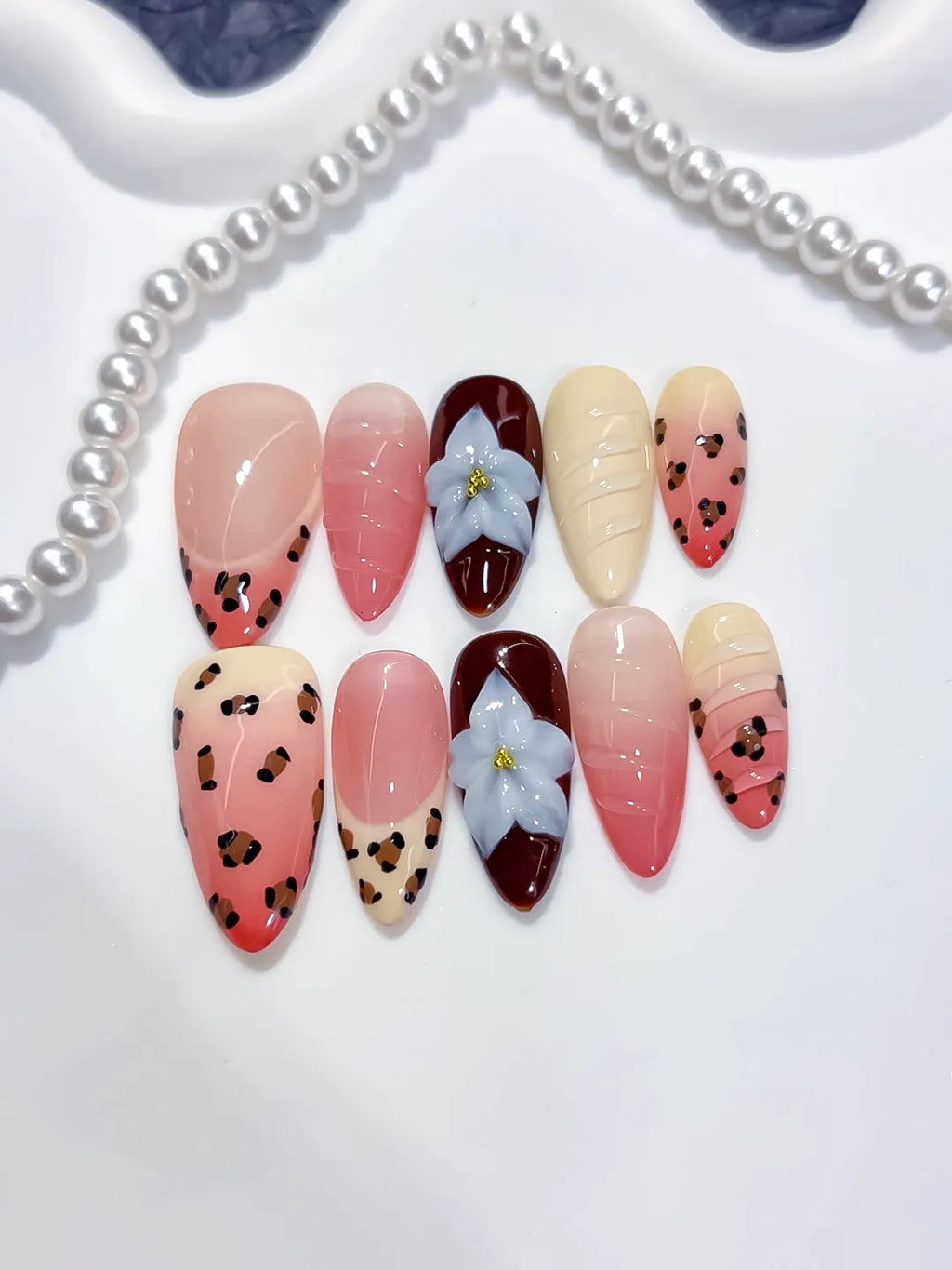 Pink Red Nude Brown Blue Abstract Flower Animal Print Shell press on nails close up