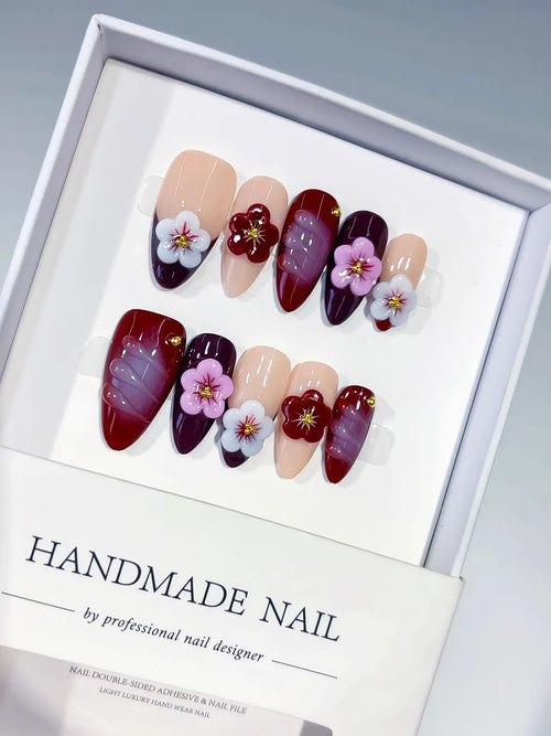 Nude Red Purple Pink Abstract Flower Shell Stud press on nails