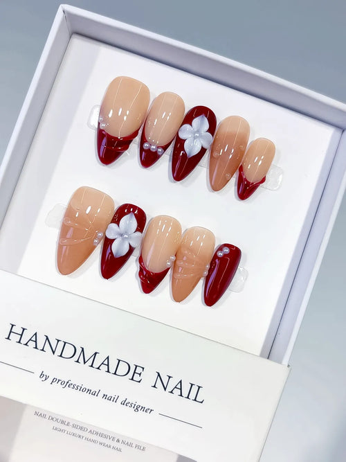 Nude Red White Silver French tip Flower Shell Pearl press on nails