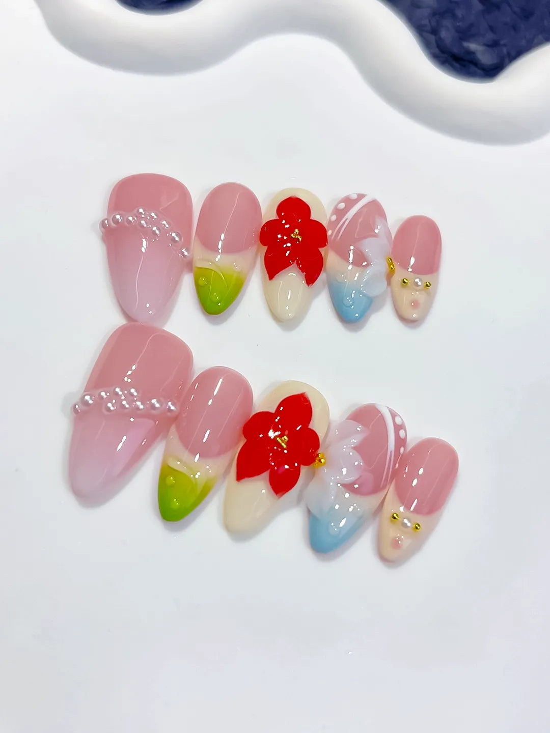 Pink Green White Blue Abstract Flower Pearl press on nails detail view