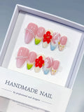 Pink Green White Blue Abstract Flower Pearl press on nails