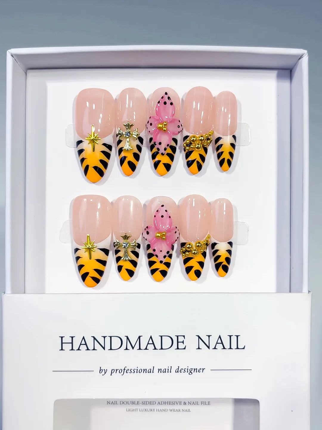 Nude Yellow Pink Black Gold French tip Animal Print Bow Heart Stud press on nails full set view