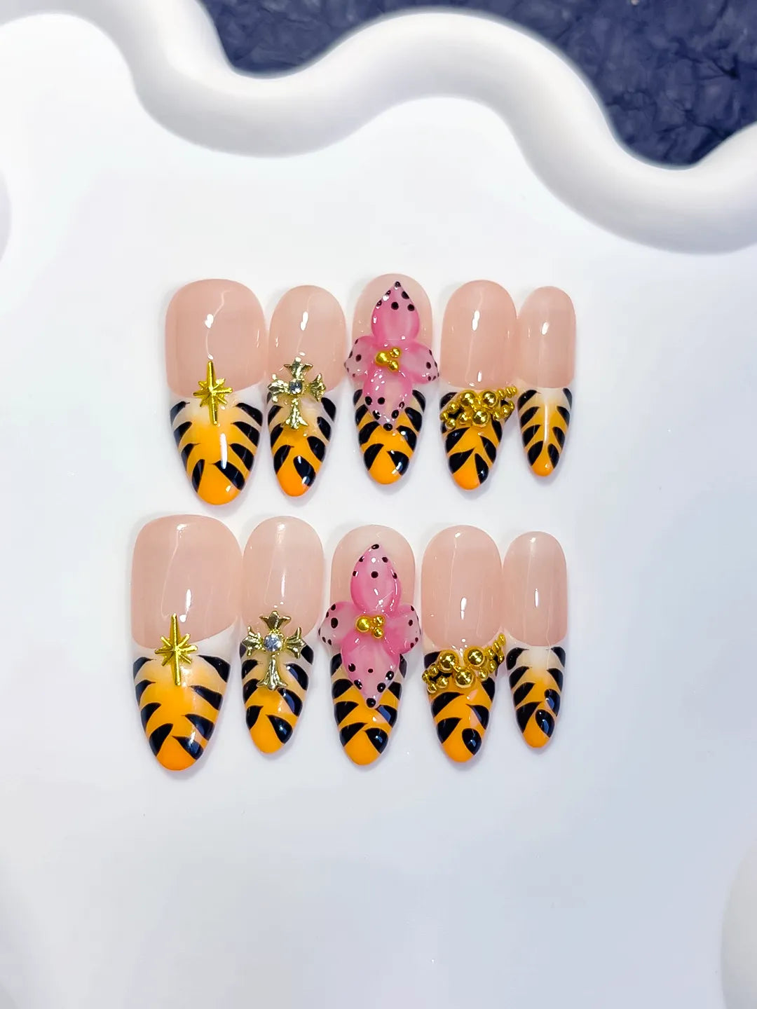Nude Yellow Pink Black Gold French tip Animal Print Bow Heart Stud press on nails close up