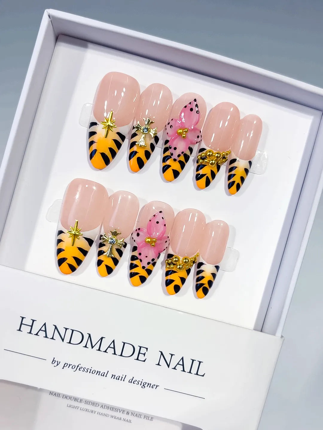 Nude Yellow Pink Black Gold French tip Animal Print Bow Heart Stud press on nails