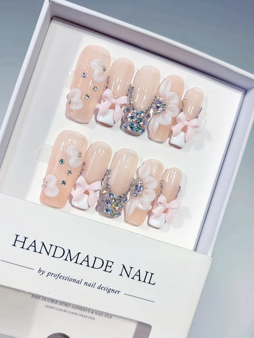 Nude White Silver Solid color Flower Bow Rhinestone press on nails