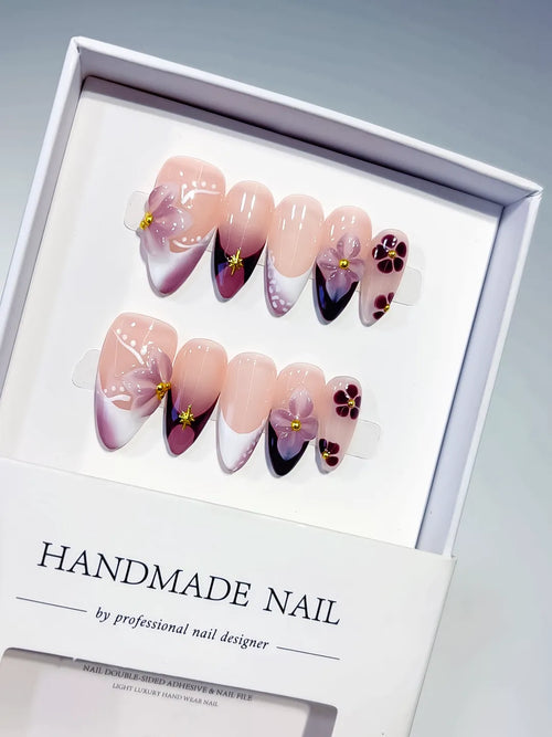 Nude Purple Black White French tip Flower press on nails