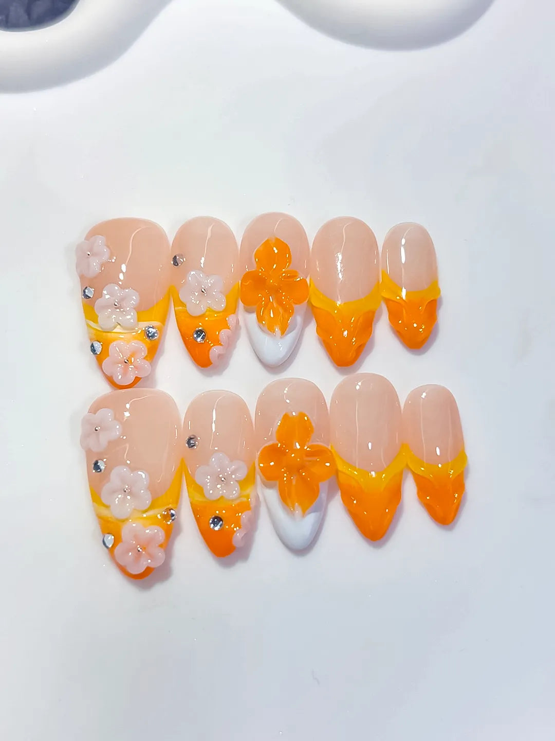 Nude Orange White French tip Flower Rhinestone press on nails detail view