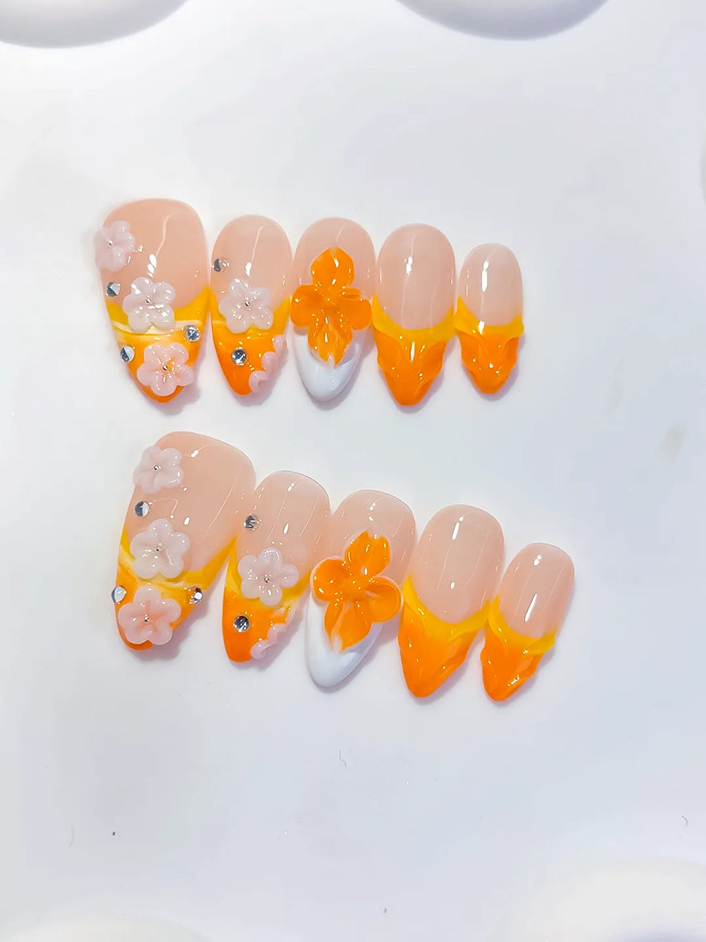 Nude Orange White French tip Flower Rhinestone press on nails detail view
