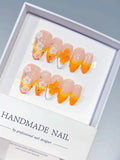Nude Orange White French tip Flower Rhinestone press on nails