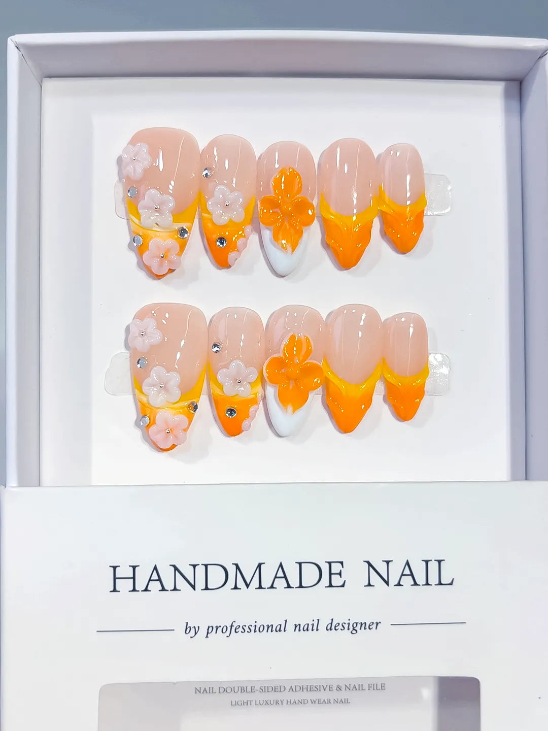 Nude Orange White French tip Flower Rhinestone press on nails full set view