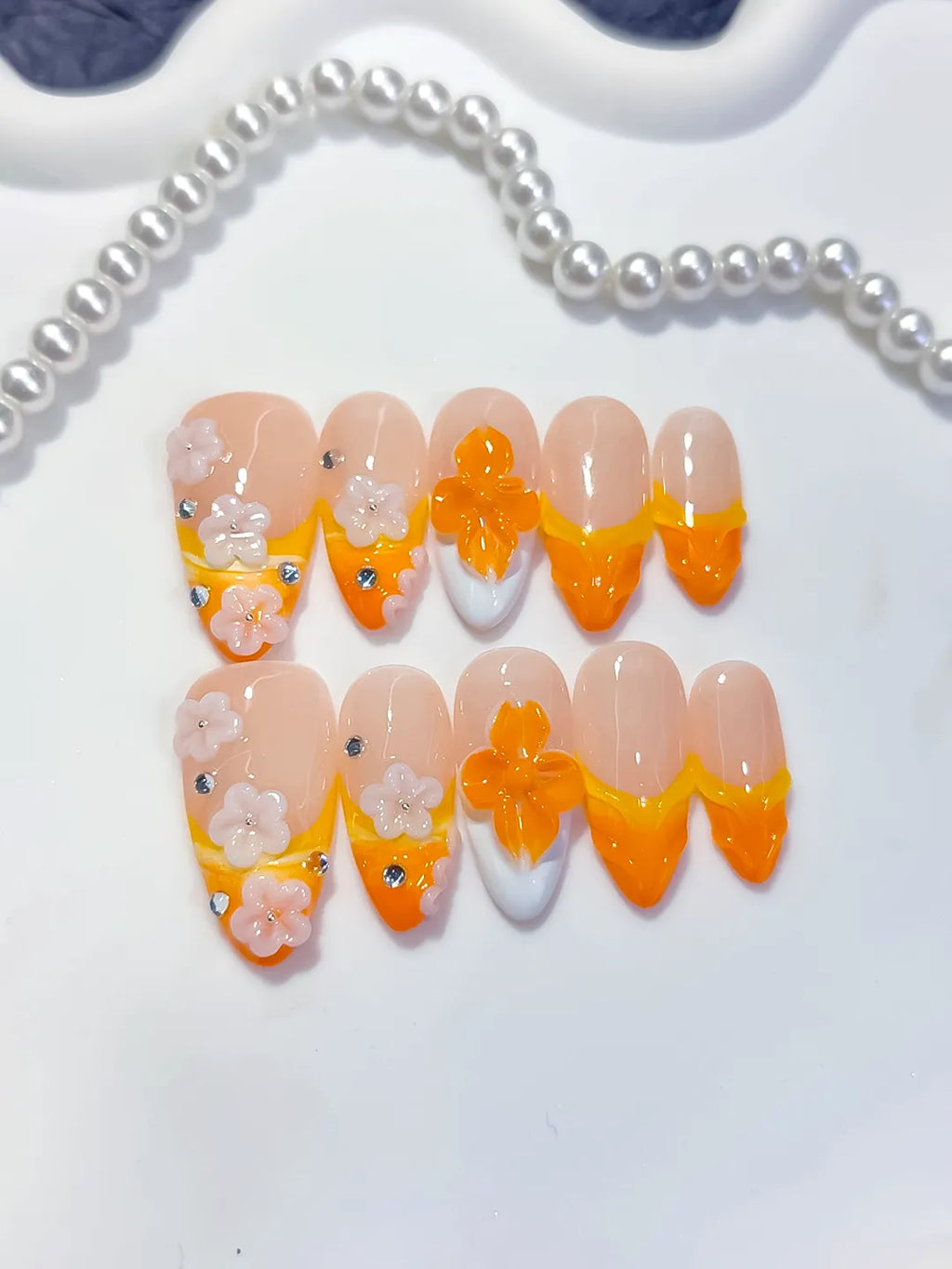 Nude Orange White French tip Flower Rhinestone press on nails detail view