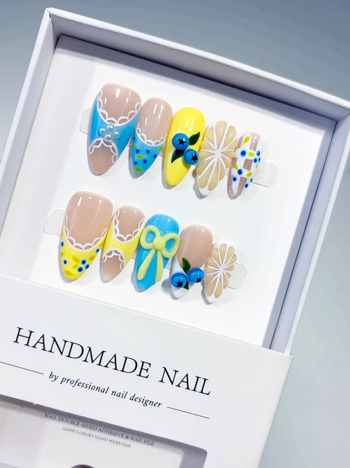 Nude Yellow Blue Abstract Fruit Bow Flower press on nails