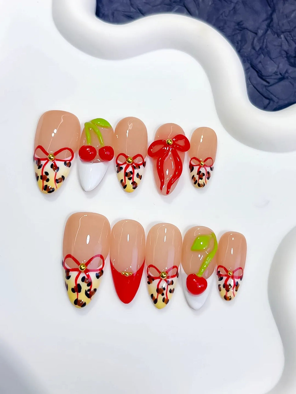 Nude Red White Abstract Bow Cherry Animal Print press on nails detail view