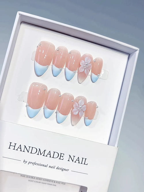Nude Blue White Pink French tip Flower Pearl press on nails