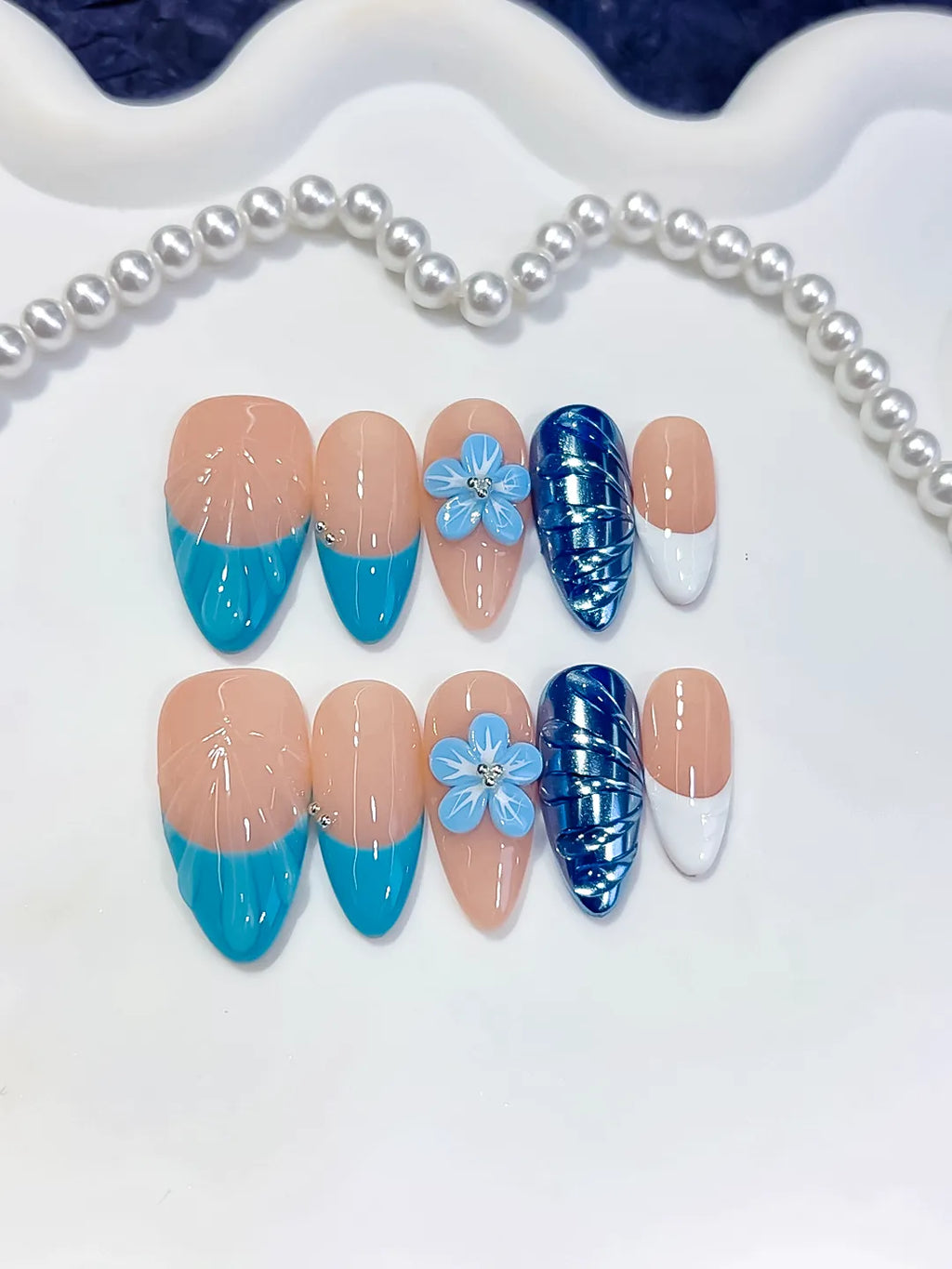 Nude Blue White French tip Flower Cat Eye press on nails close up