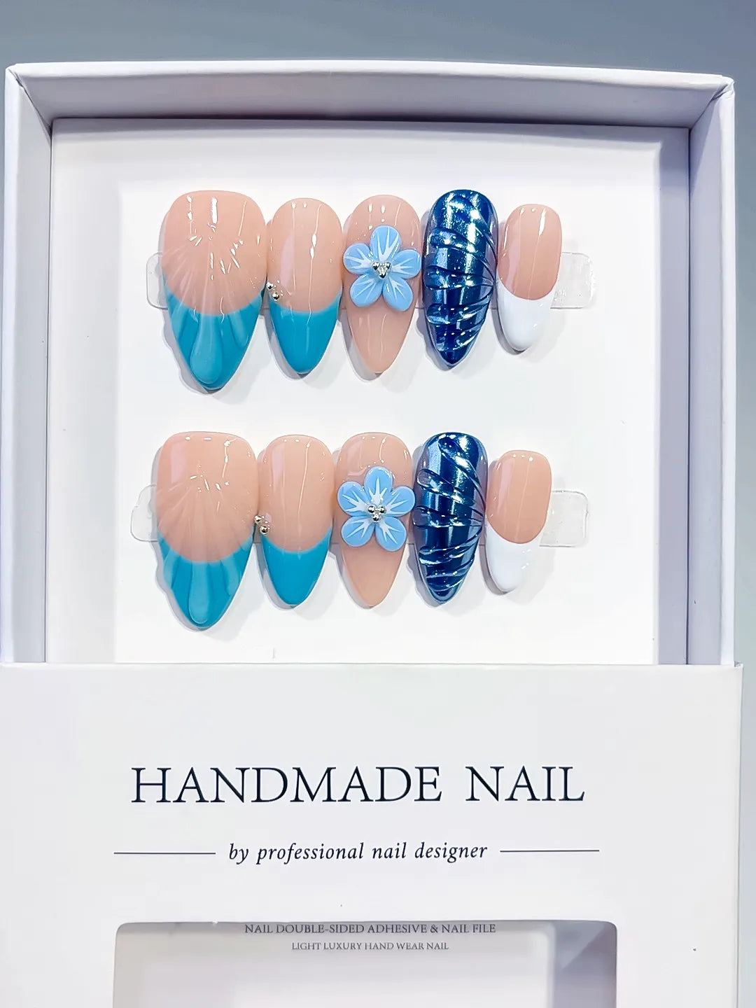 Nude Blue White French tip Flower Cat Eye press on nails full set view