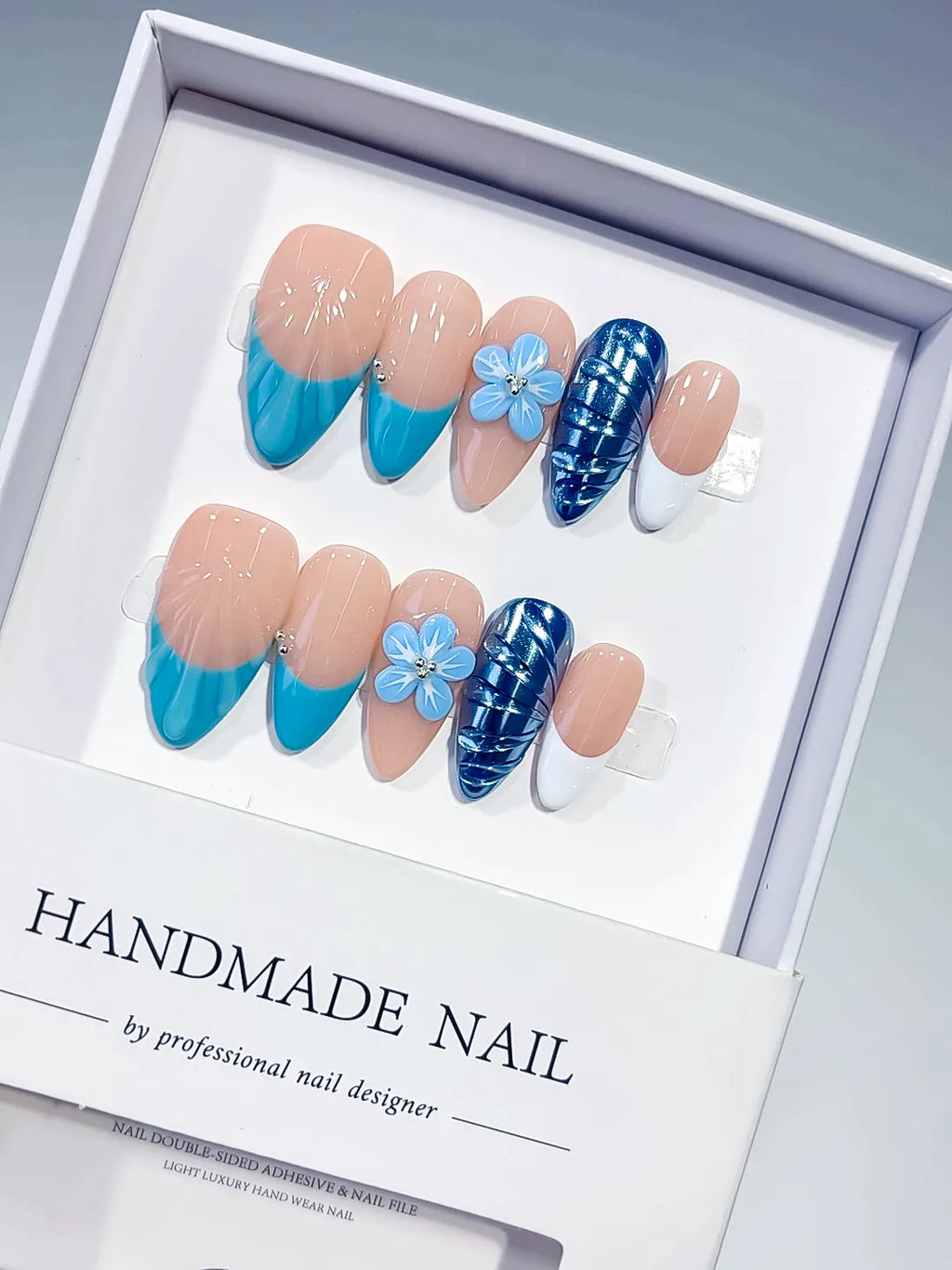 Nude Blue White French tip Flower Cat Eye press on nails