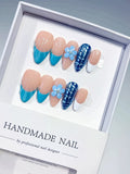 Nude Blue White French tip Flower Cat Eye press on nails