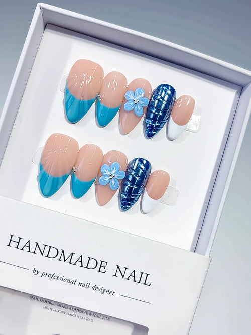 Nude Blue White French tip Flower Cat Eye press on nails
