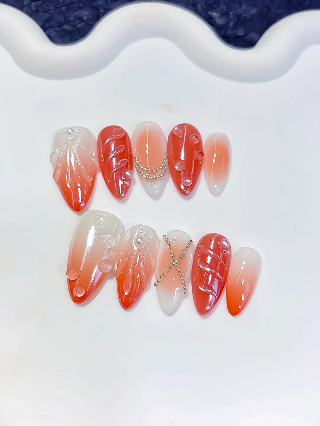 White Orange Silver Ombre Shell Pearl Chain press on nails detail view