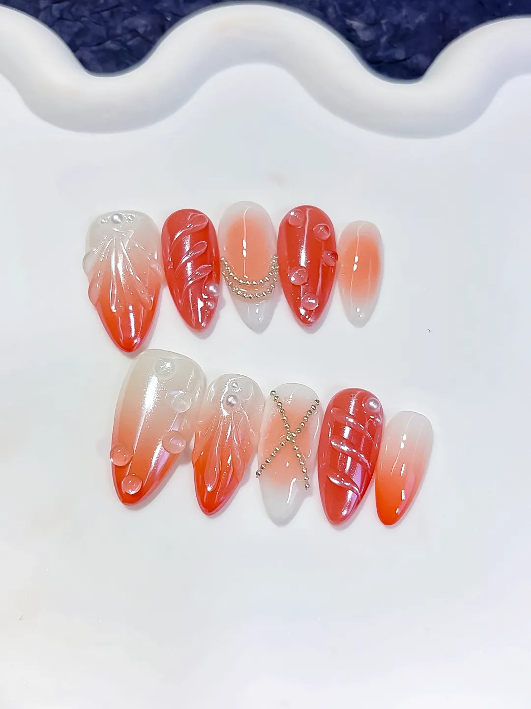 White Orange Silver Ombre Shell Pearl Chain press on nails detail view