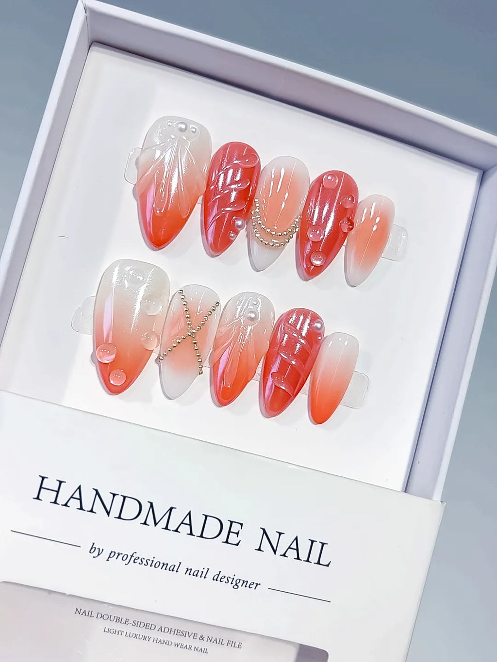 White Orange Silver Ombre Shell Pearl Chain press on nails