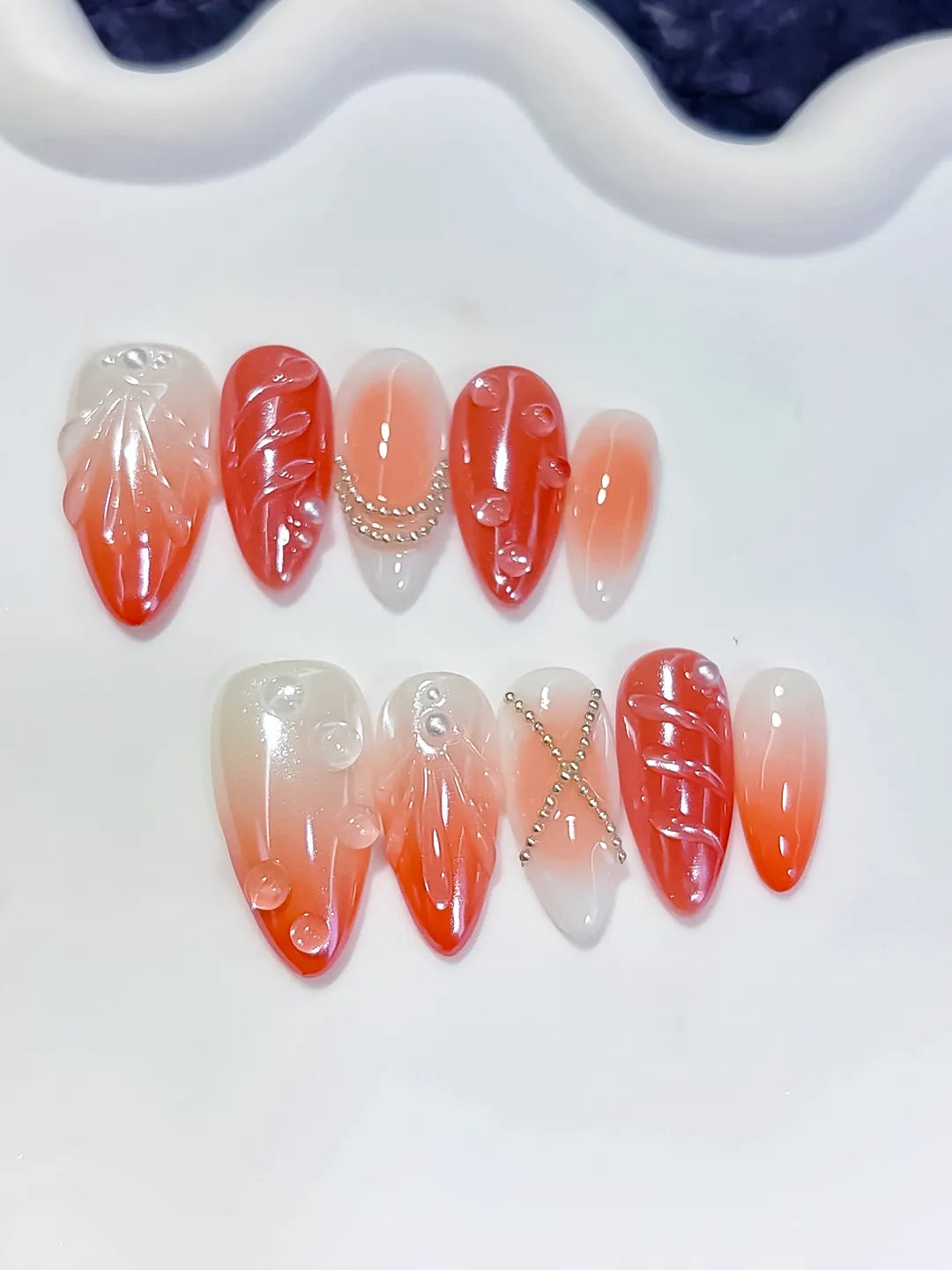 White Orange Silver Ombre Shell Pearl Chain press on nails close up